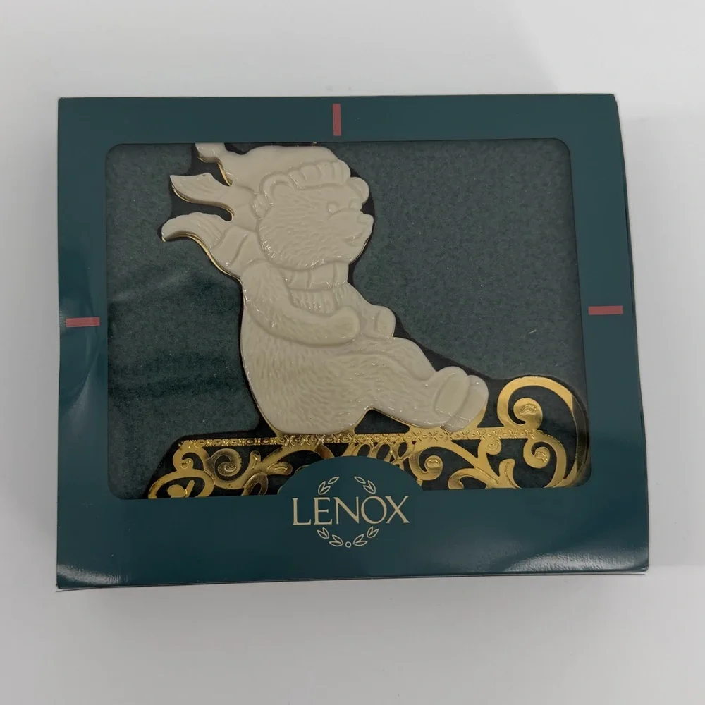 Lenox Ivory Teddy Bear on Gold Sled Baby's First Christmas 1998 Ornament in Box